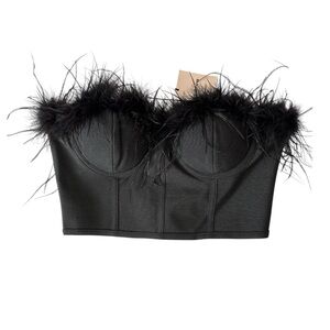 Superdown Ramona Bustier Top Ostrich Trim Black